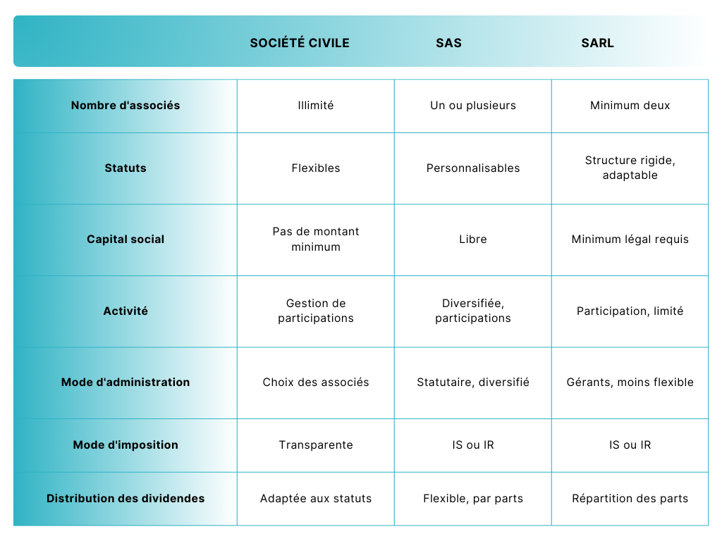 Tableau récapitulatif sur les statuts juridiques d'une holding